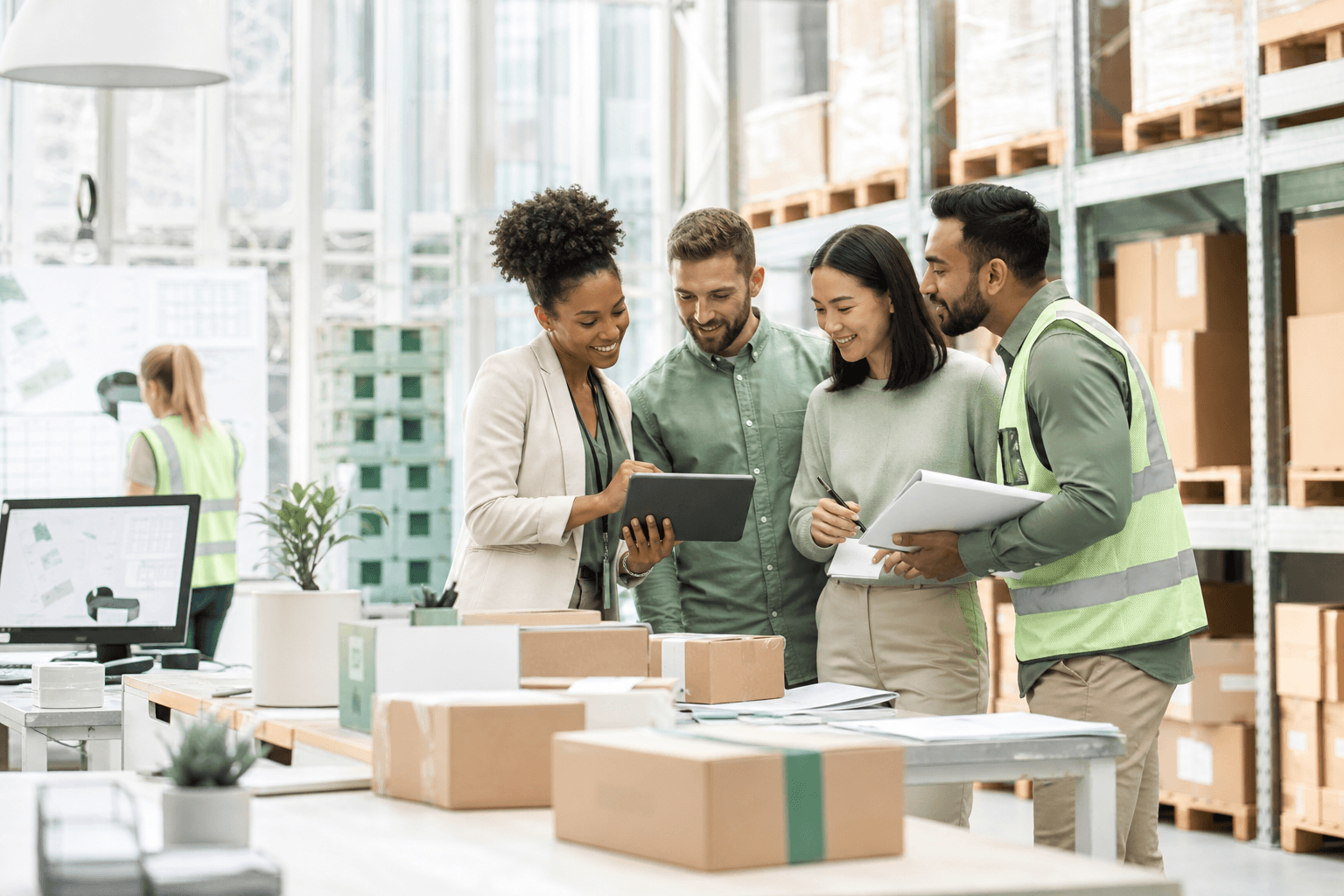 Supply chain professionals reviewing warehouse and logistics operations